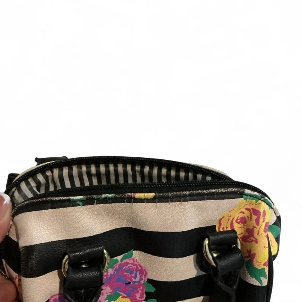 Luv Betsey Mini Satchel Women Small Black Floral Striped Tassel Bow